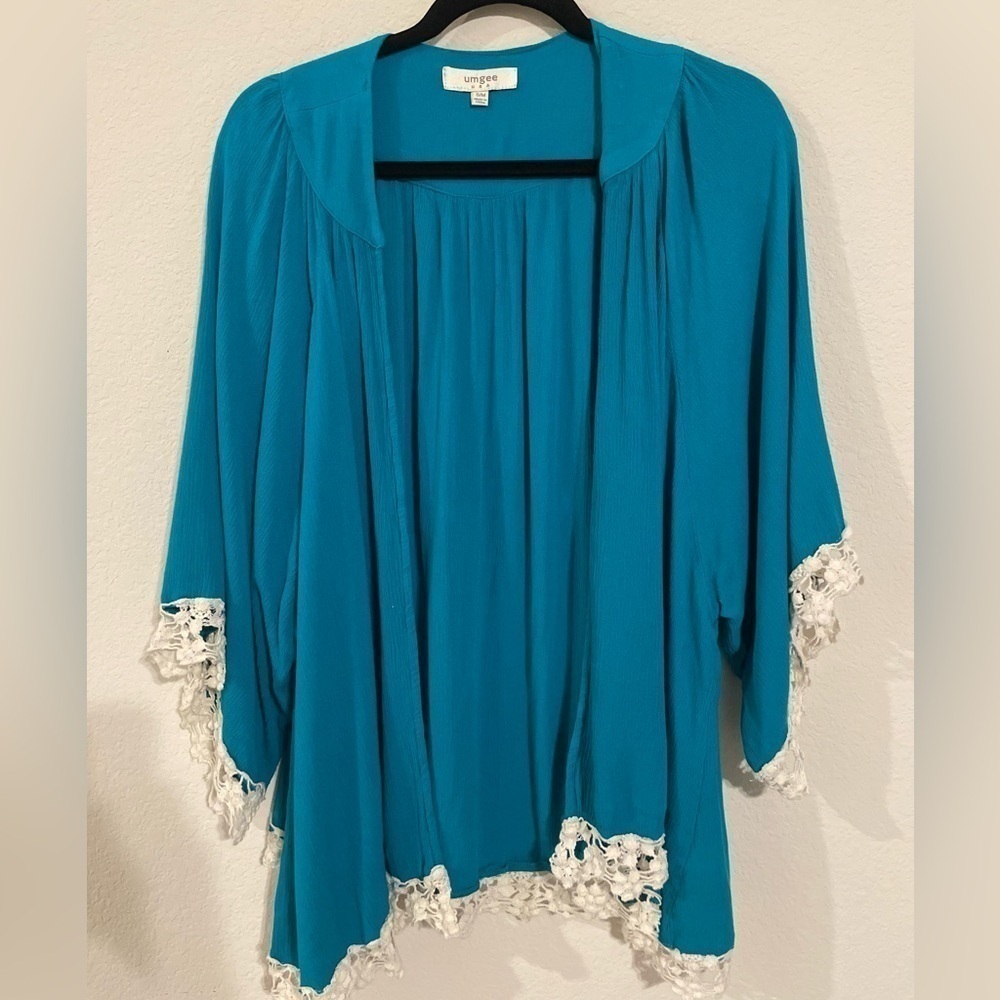 Umgee Women Cardigan Medium Teal Gauze Cotton Crochet Coastal Grandma Bohemian